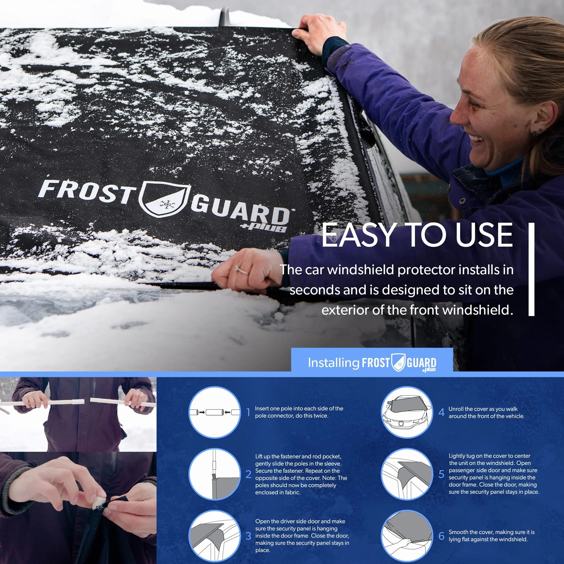 FrostGuard Plus zimowa osłona przedniej szyby XL indygo zintegrowany panel bezpieczeństwa osłona pióra wycieraczki osłony lusterka