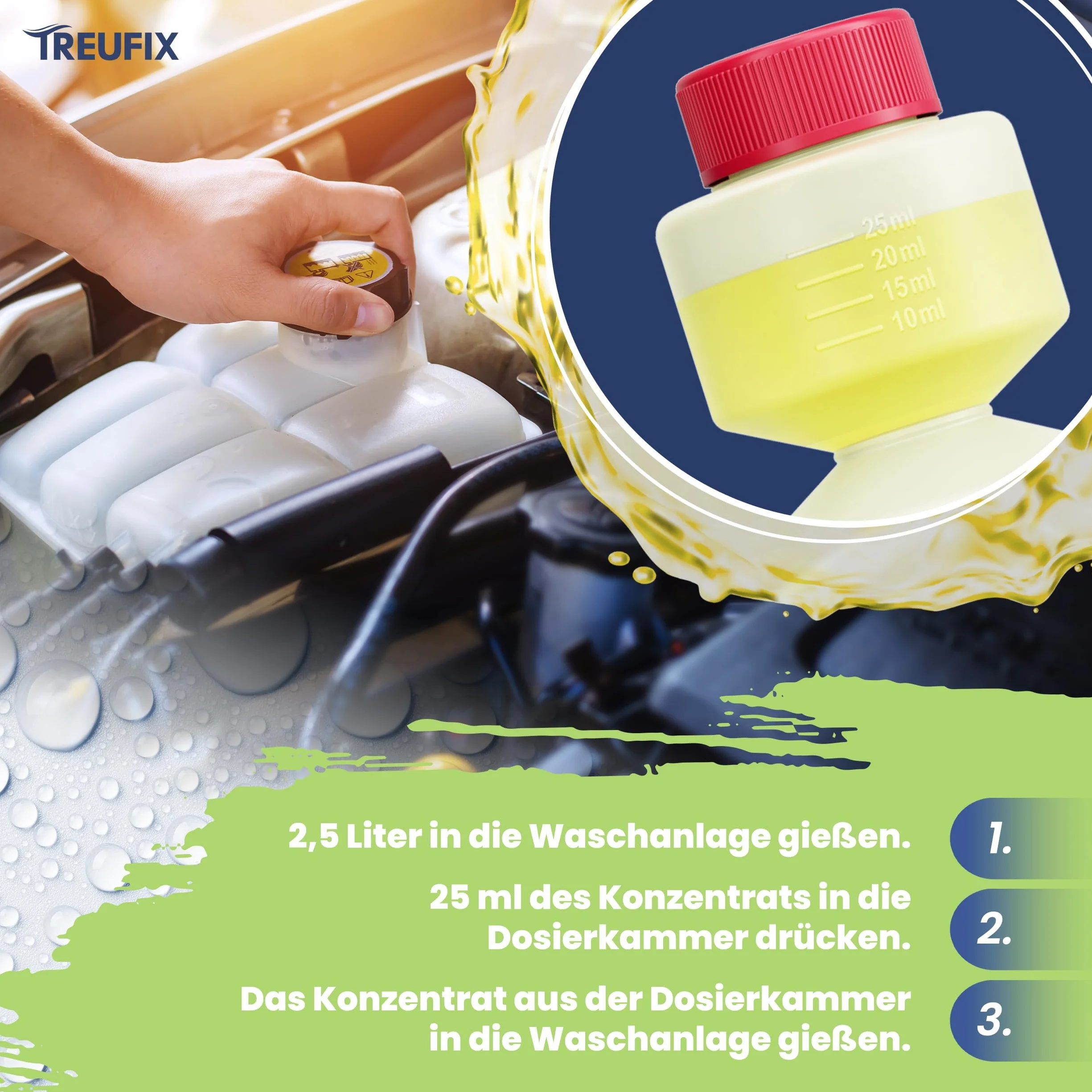 Treufix Koncentrat płynu do spryskiwaczy 250ml Premium środek do czyszczenia szyb samochodowych do wszystkich systemów spryskiwaczy szyb i systemów czyszczenia reflektorów dla maksymalnej widoczności