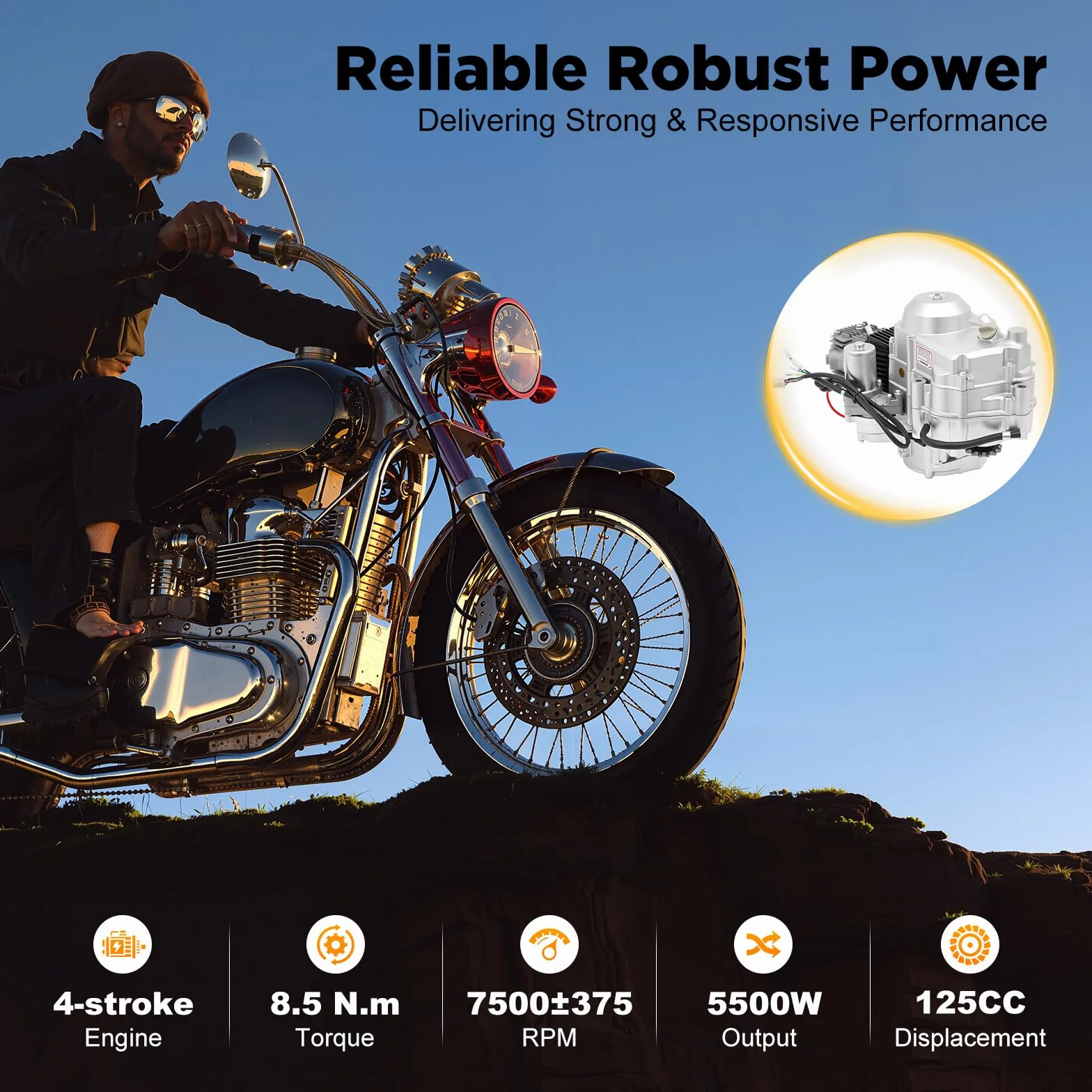 Silnik 125 ccm 4-suwowy jednocylindrowy z rozrusznikiem elektrycznym CDI, 3-biegowy z biegiem wstecznym