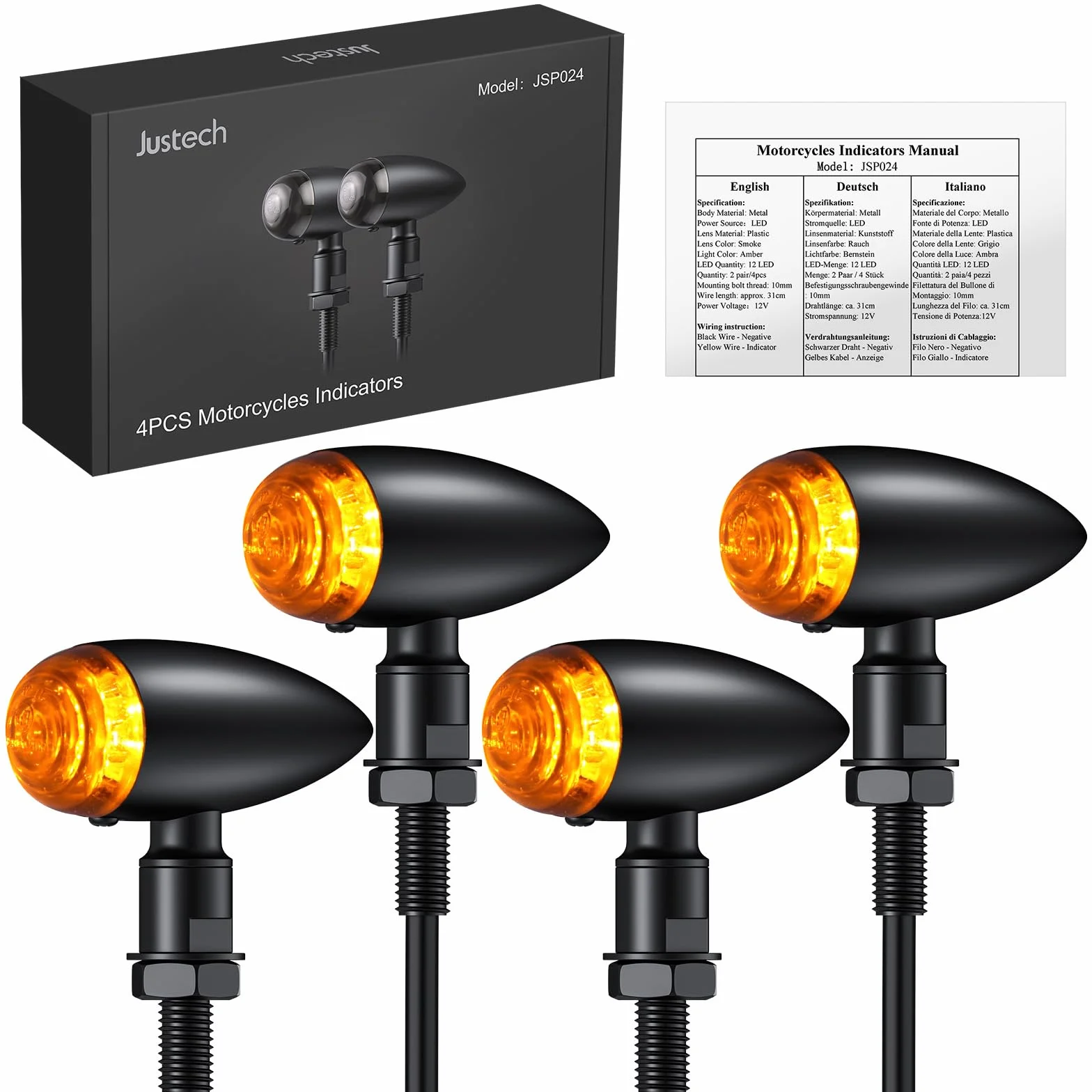 Justech 4x Światło kierunkowskazu LED do motocykla uniwersalne światło żarowe światło sygnałowe (12 diod LED na światło) światła do jazdy światła znakowania światło kierunkowskazu IP65 do motocykla