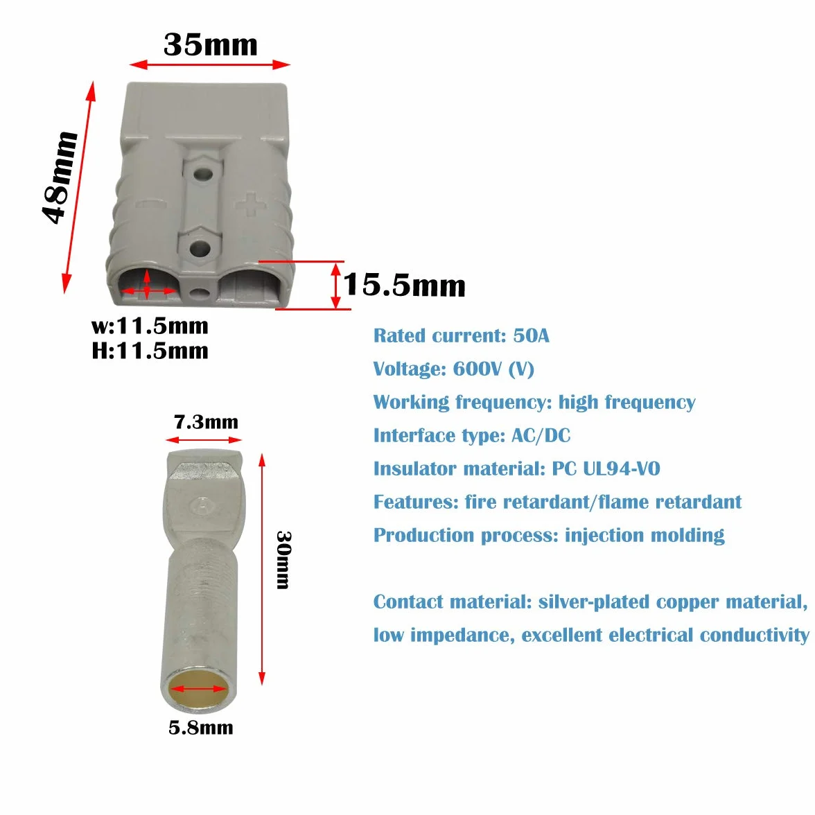 CESFONJER Złącze akumulatora 2 sztuki 50A - Szybkie złącze akumulatora Złącze akumulatora z kablem elektrycznym 8AWG (60 cm czerwony / 60 cm czarny) do samochodu, przyczepy kempingowej, łodzi