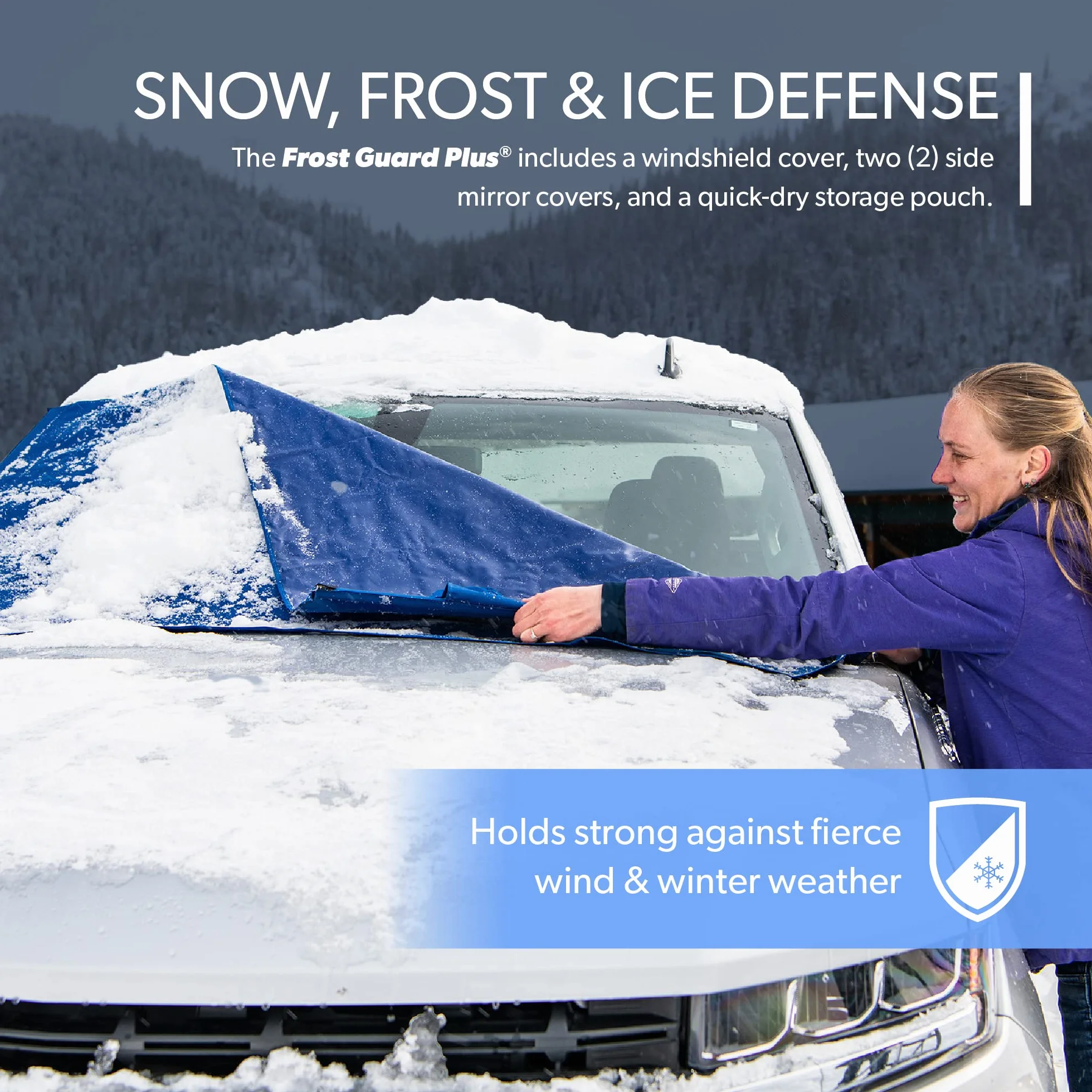 FrostGuard Plus zimowa osłona przedniej szyby XL indygo zintegrowany panel bezpieczeństwa osłona pióra wycieraczki osłony lusterka