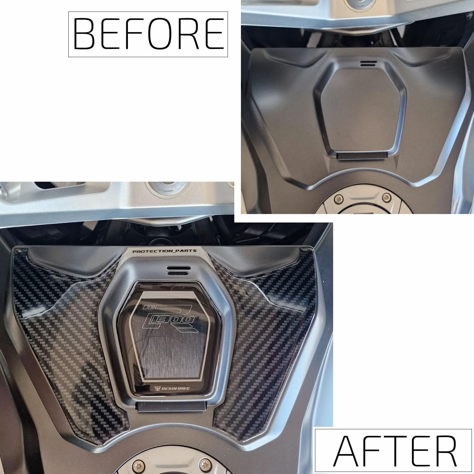 Resin Bike Naklejki Moto kompatybilne z BMW R 1300 RT 2025-2026. Chronią uchwyt zbiornika przed uderzeniami i zadrapaniami. Naklejki żywiczne z efektem 3D - wyprodukowane we Włoszech