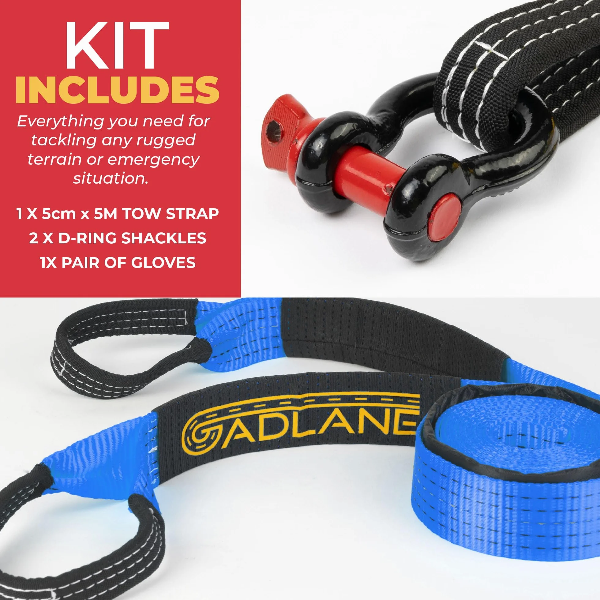 GADLANE Hi Vis Lina Holownicza - 5m x 5cm Gruba, pojemność 10 ton (22,000 funtów), odporna na zużycie poliester z wzmocnionymi końcówkami, pokryta UV lina holownicza, wysokiej jakości okucia na D-ring