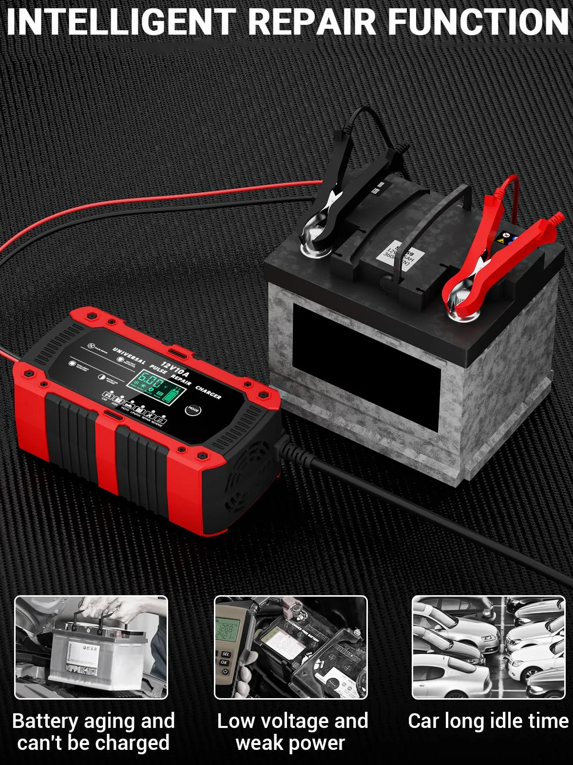 Ładowarka Akumulatorowa 12V 10A LiFePO4, Inteligentna Prostownik Samochodowy do Auta i Motocykla z Trybem Naprawy, Wyświetlacz LCD, do AGM GEL SLA WET LiFePO4