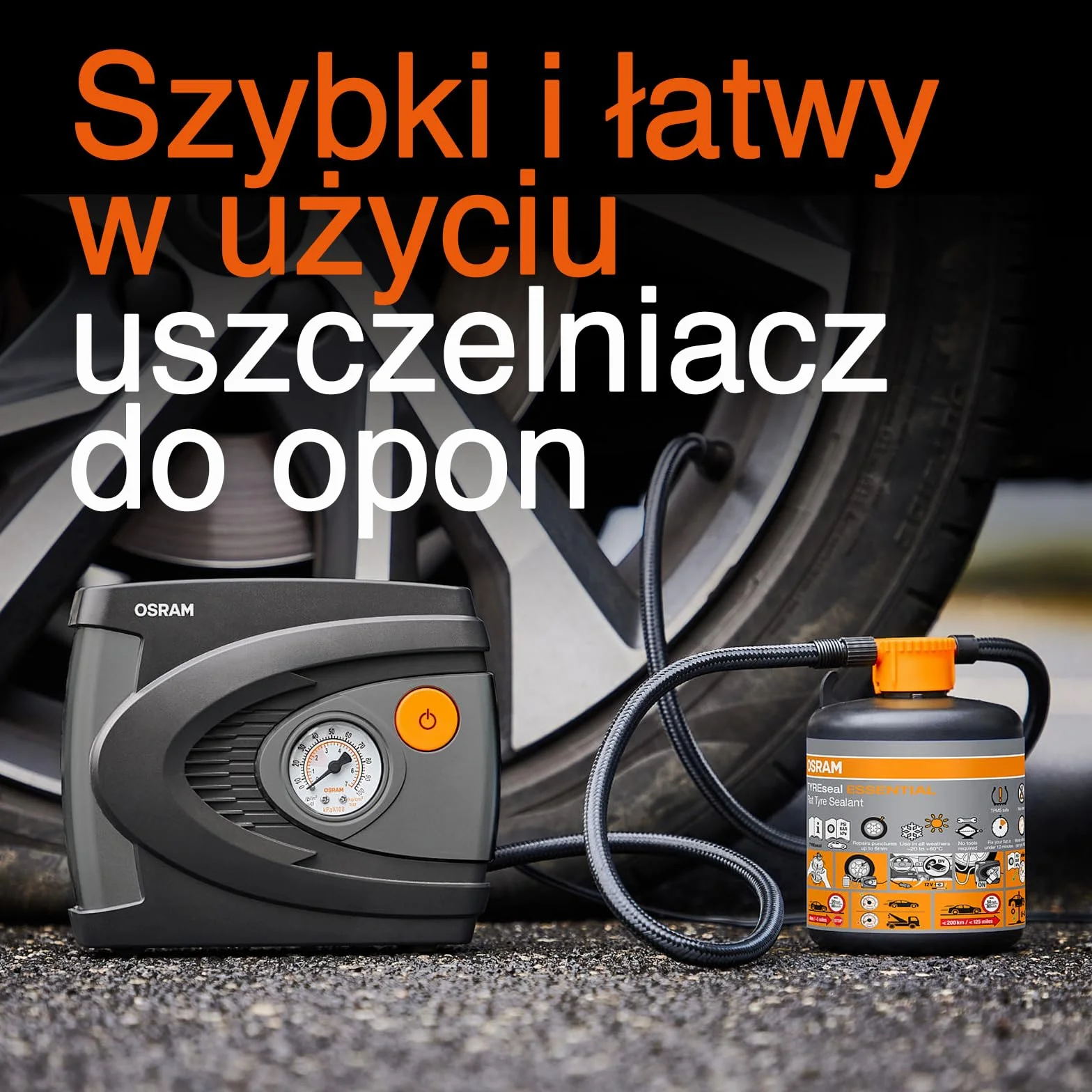 OSRAM TYREseal KIT ESSENTIAL, uszczelniacz do opon 450 ml, kompresor analogowy, TPMS Safe, zestaw