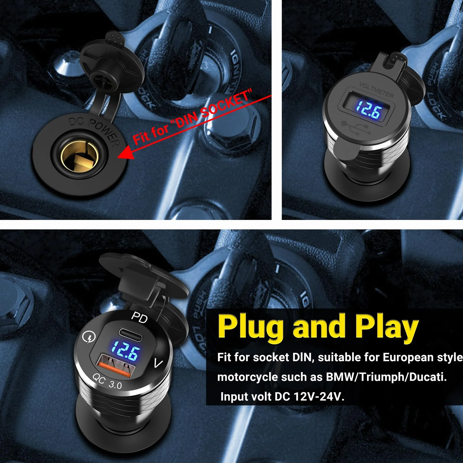 Adapter USB Din Hella do BMW USB C PD 30 W ładowarka 12 V wodoszczelna QC3.0 z woltomierzem LED