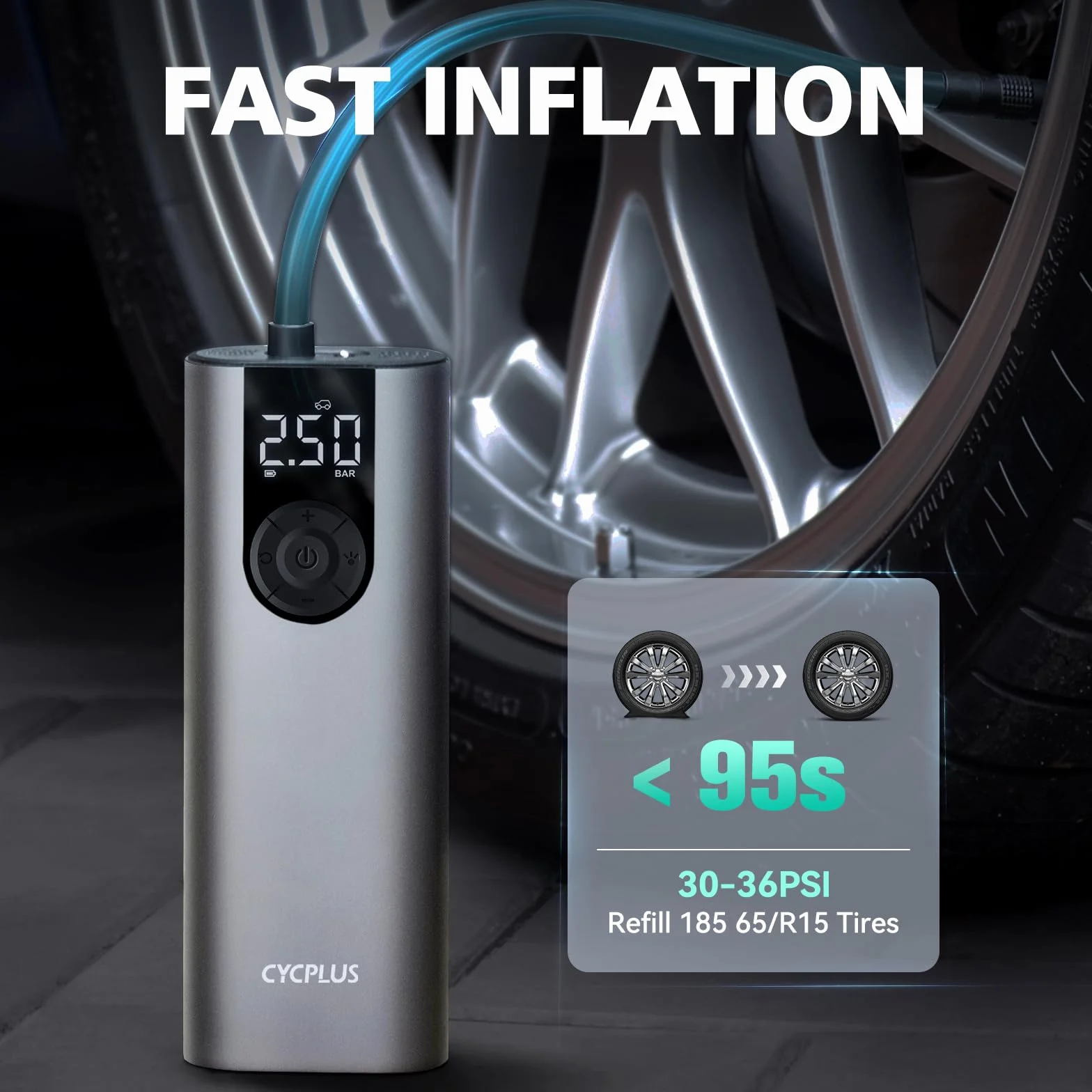 CYCPLUS Pompa powietrza maks. 150 psi, elektryczna sprężarka, przenośna pompka rowerowa, mini pompka do opon z oświetleniem LED, przyłącze USB C, możliwość ponownego ładowania, akumulator