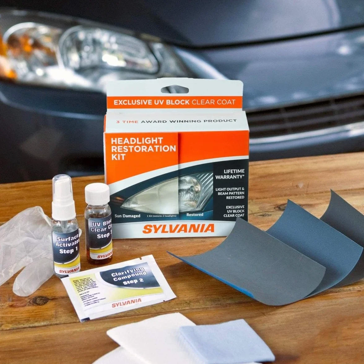 Sylvania Headlight Restoration Kit - 6 Pack - Restore Sun Damaged Headlights with Exclusive UV Block Clear Coat, Light Output and Beam Pattern Restored, Long Lasting Protection
