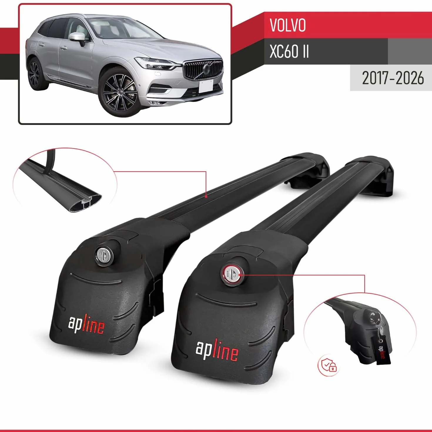 Volvo XC60 II 2017-2025 ACE-2 bagażnik dachowy Railing bagażnik samochodowy czarny aluminium 2 drążki