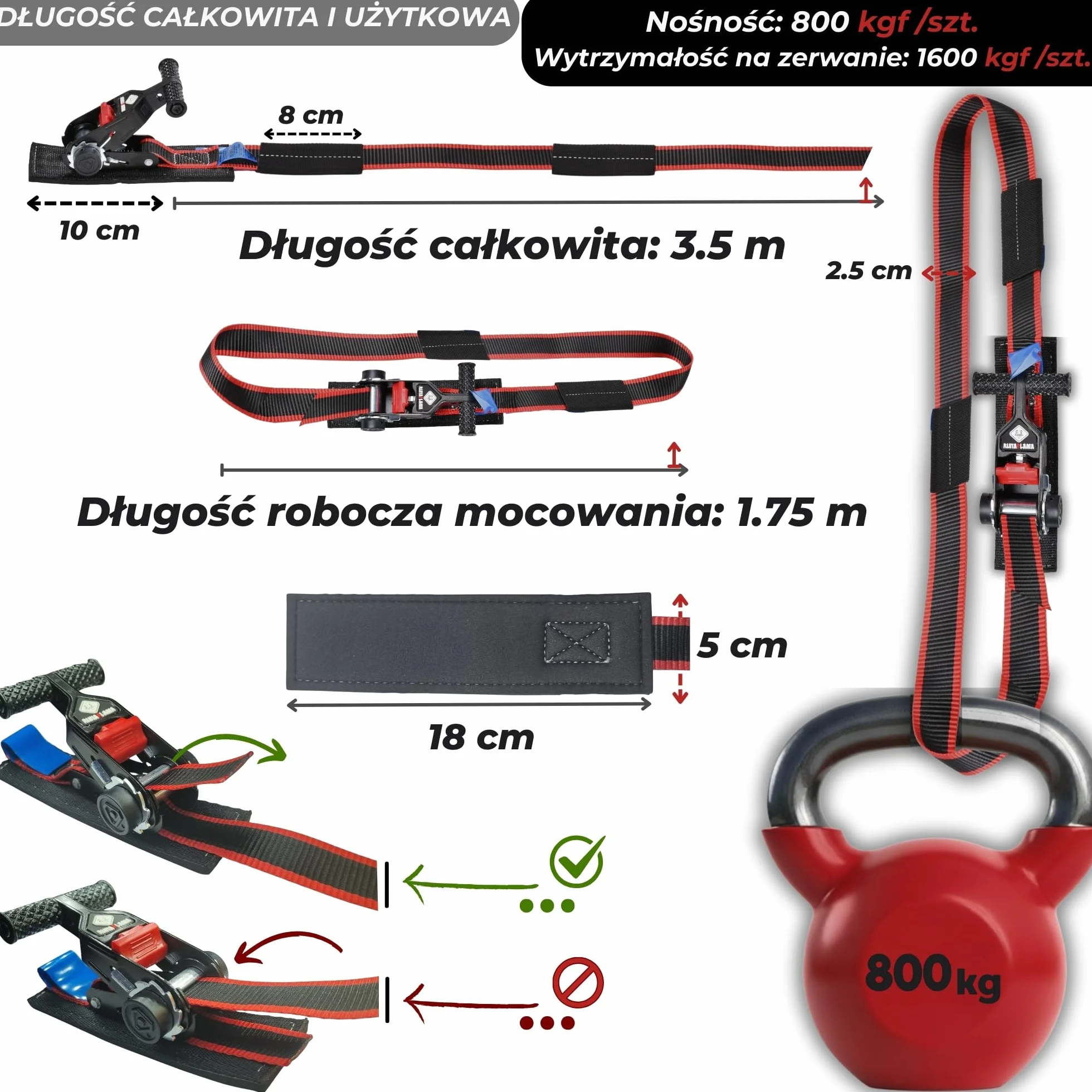 Pasy Transportowe z Grzechotką 1600 kg, Pasy Mocujące do Bagażnika Dachowego, Surf, Kayak, Paddle, Rowerów, z Ochroną Antyrysową, EN 12195-2, Zestaw 2 Pasy 3,5 m