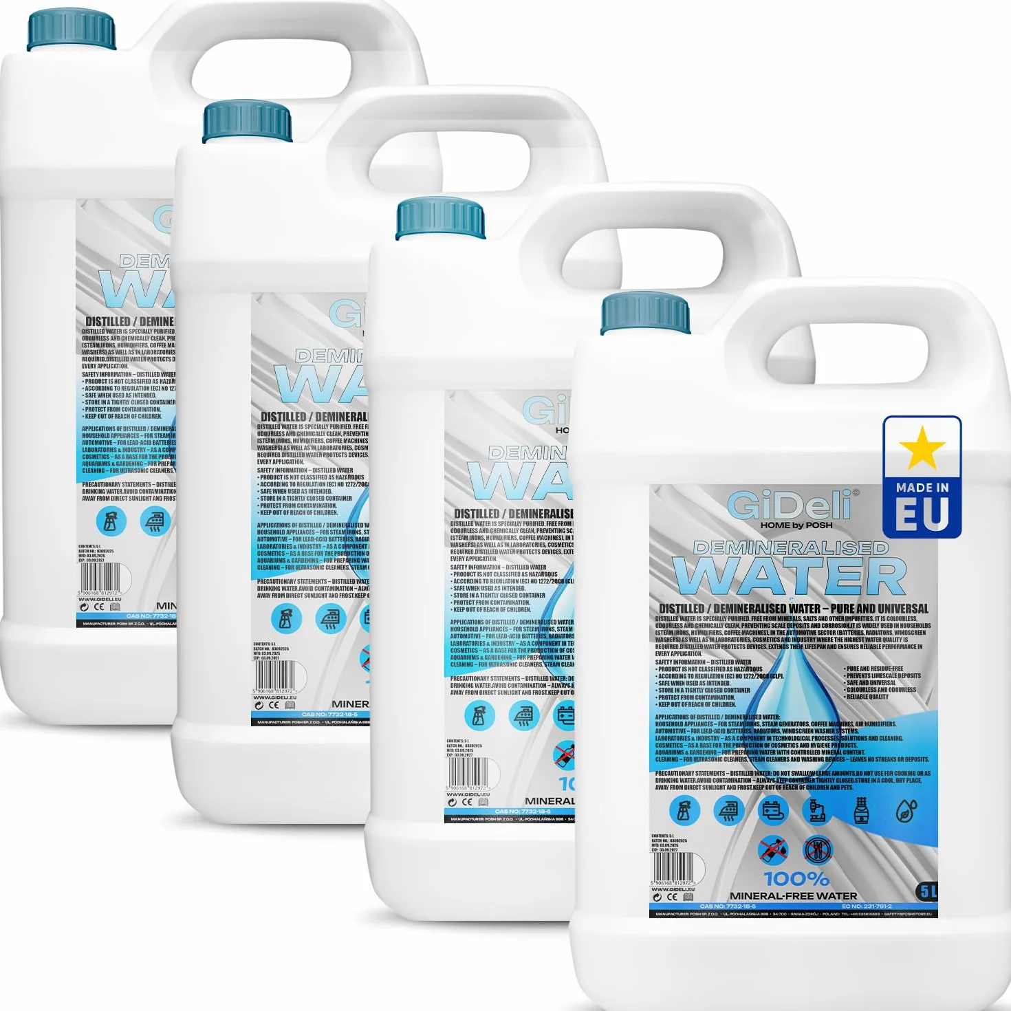 GiDeli Woda demineralizowana 4 x 5L Woda destylowana do żelazek, baterii, chłodnic, nawilżaczy, akwarium i laboratorium Woda bez wapnia, bezzapachowa, klarowna