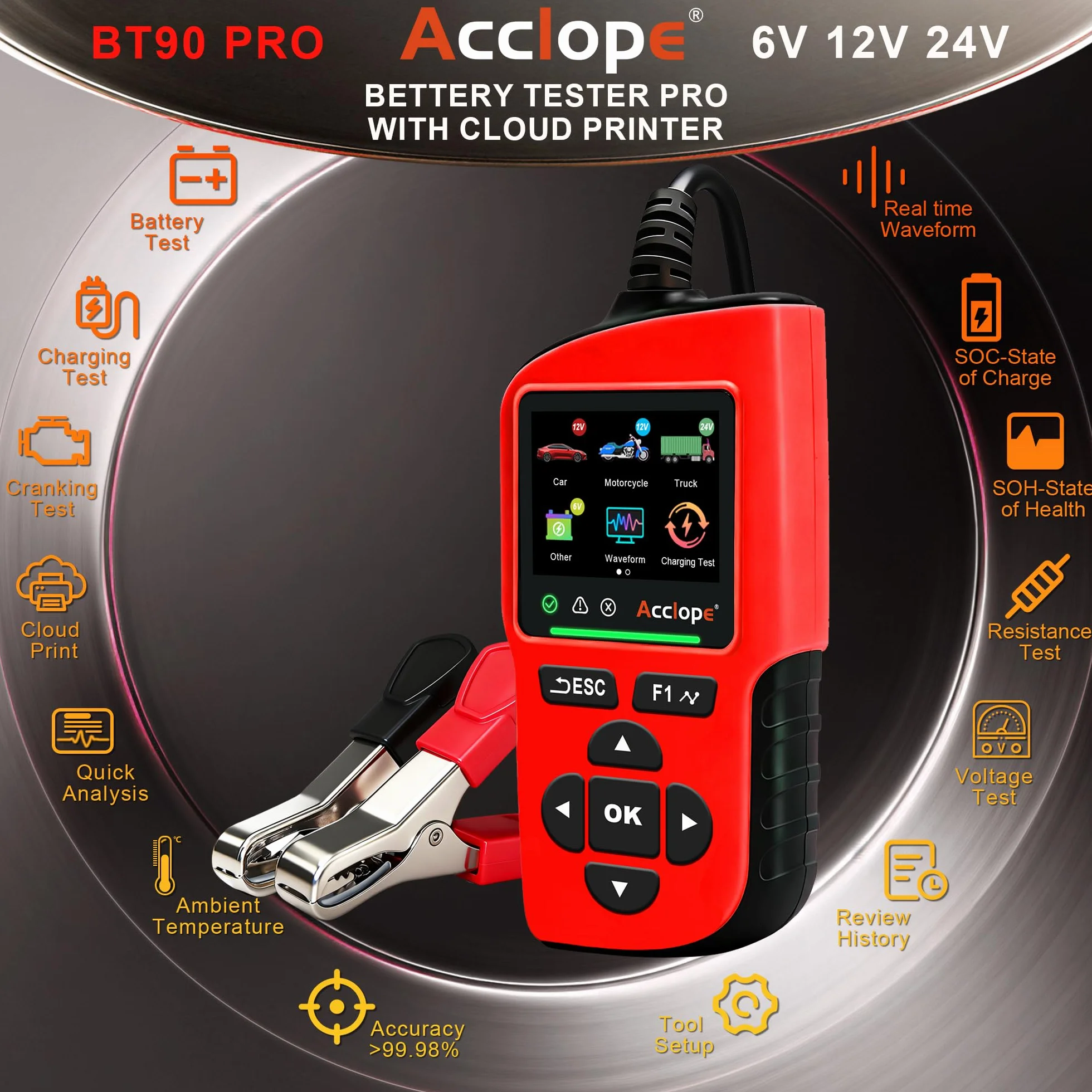 BT90 PRO tester baterii, 6 V/12 V/24 V, do AGM/EFB/GEL/LiFePO4, 2-360 Ah, 30-3800 CCA, z nadrukiem w chmurze, test systemu start-stop, czarny, SAE/EN/IEC/CA/MCA, SOH/SOC/napięcie/rezystancja