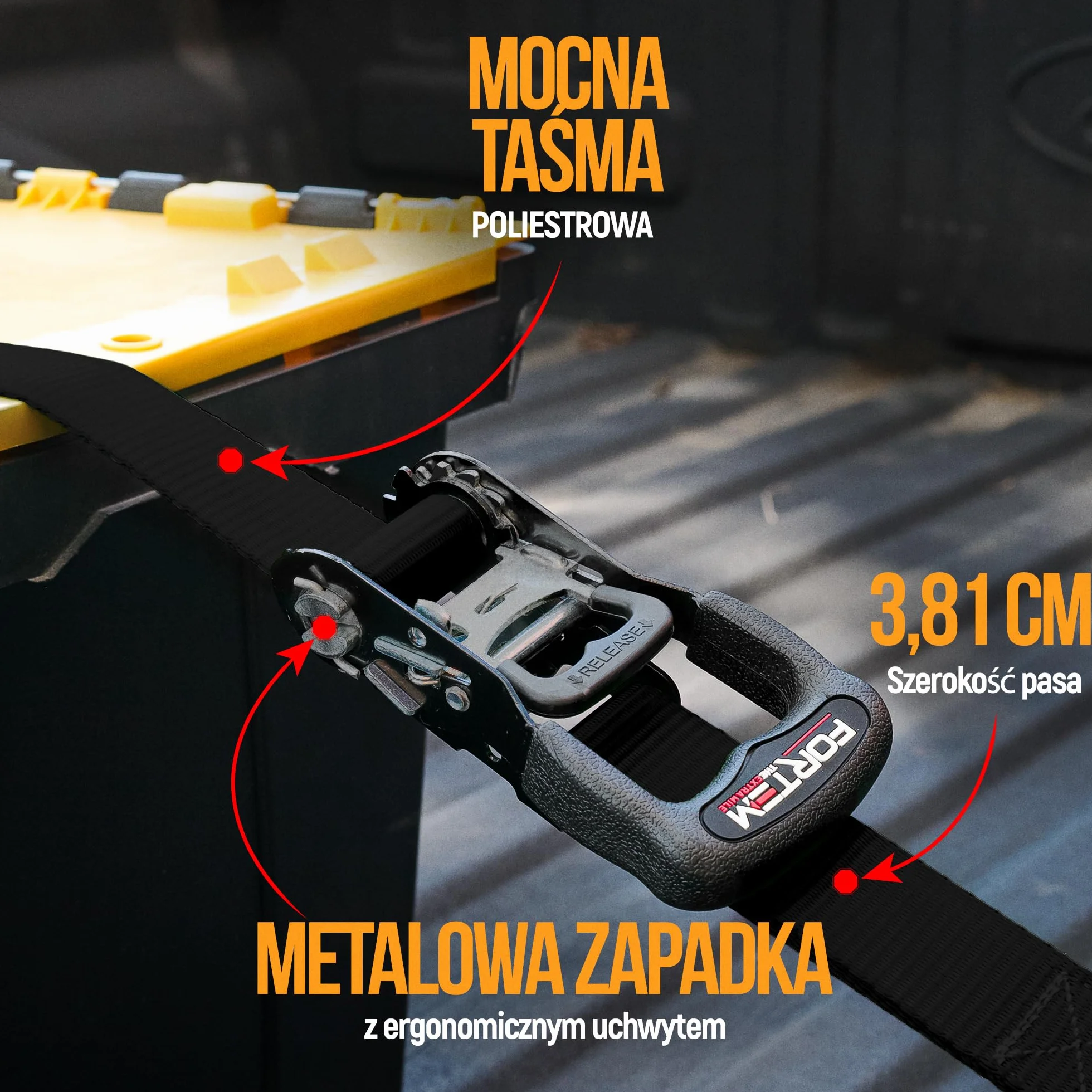 FORTEM Pas Transportowy, Pas Mocujący 2362 kg, Pas Transportowy z Napinaczem 304.8 cm, Pas Zabezpieczający Zestaw 4, Pas Transportowy z Klamrą, Gumowe Uchwyty, Powlekane Metalowe Haki, Futerał