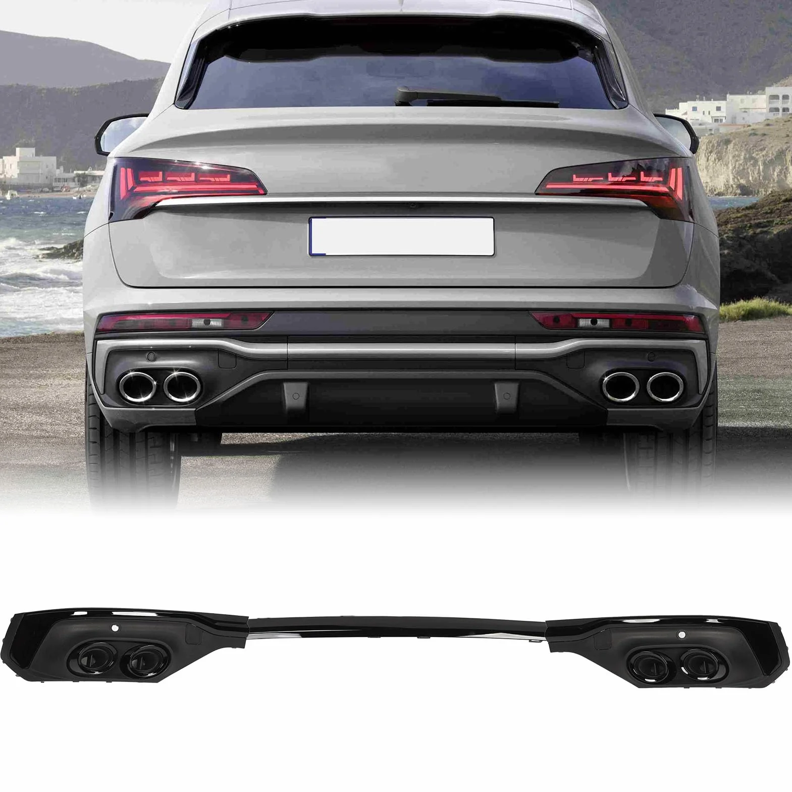 Dyfuzor Tylnego Zderzaka, Rura Wydechowa Tylnego Zderzaka Wykończenie Dyfuzora Czarny Błyszczący Spojler do SQ5 Sportback 2021 i Nowsze Modele (Czarny pierścień)