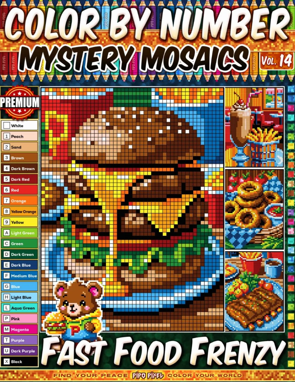 Color by Number - Fast Food Frenzy - Mystery Mosaic Coloring Book - Vol. 14: 20 Designs in Pixel Art - Delicious Pixel Food Scenes For Relaxing Fun