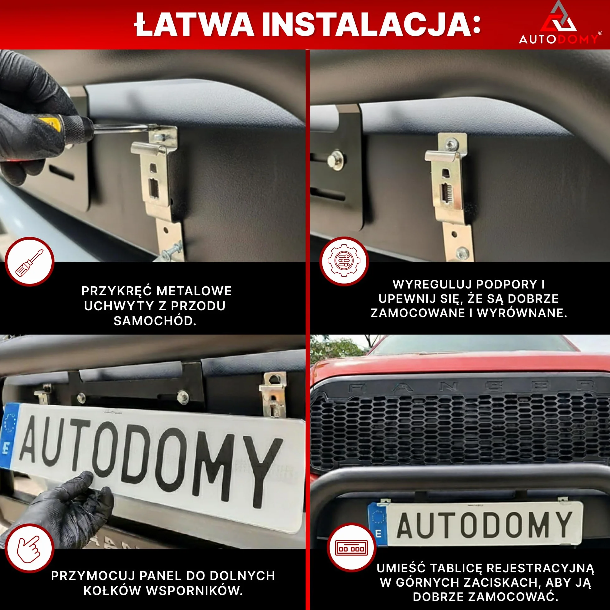 Autodomy Zestaw 4 Uchwytów na Tablicę Rejestracyjną do Przyczepy 125x25 mm | Uniwersalny Stalowy Uchwyt Tablicy Rejestracyjnej + 8 Wkrętów | Do Samochodu, Przyczepy, Ciężarówki