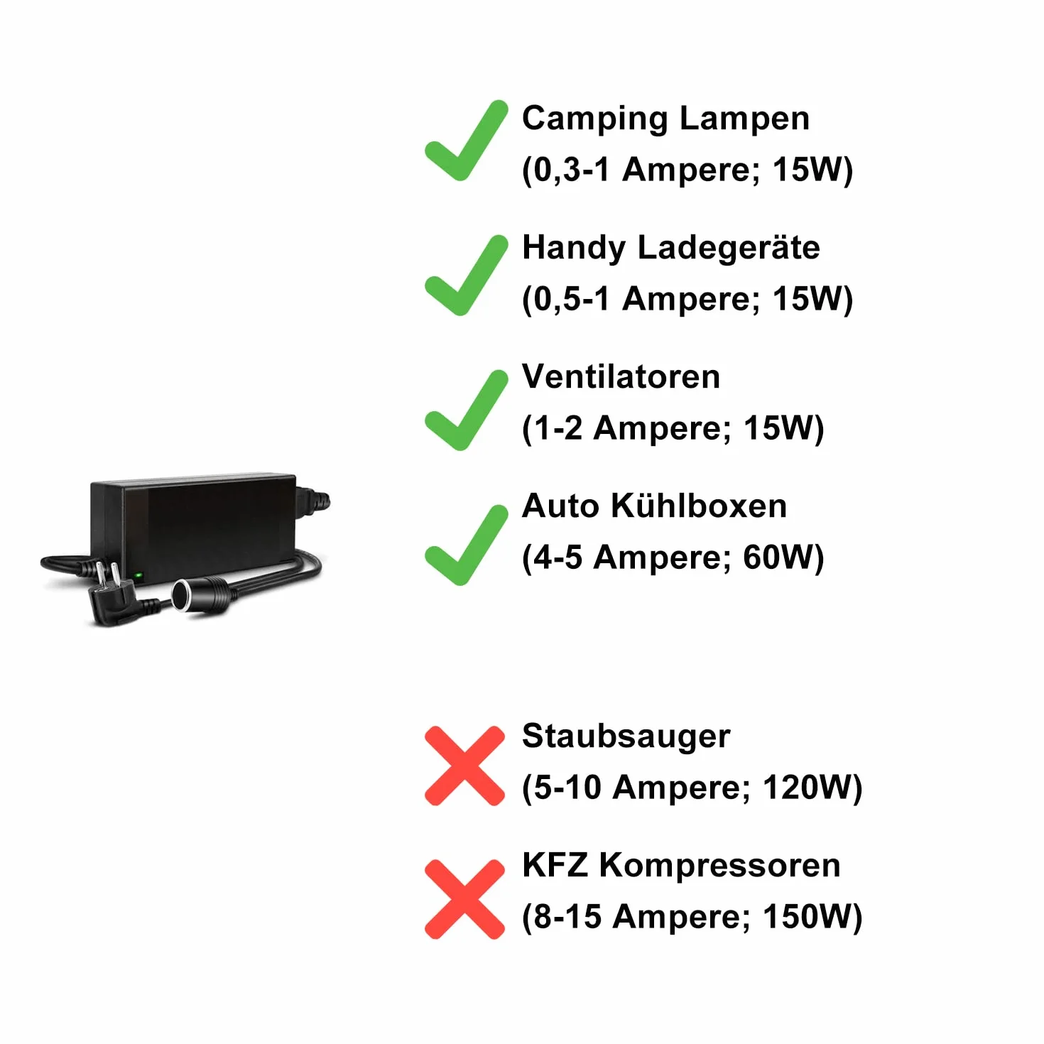 RGBer | Przetwornica napięcia 230 V na 12 V | Adapter sieciowy do gniazda zapalniczki samochodowej, nadaje się do lodówek samochodowych.