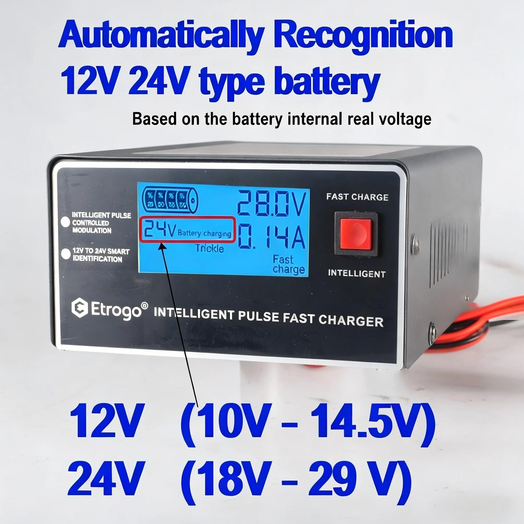 Etrogo Ładowarka do akumulatorów samochodowych 12 V/24 V 250 W 10 A Inteligentne ładowanie impulsowe z automatyczną rozpoznawaniem Funkcja naprawy i konserwacji Czarny