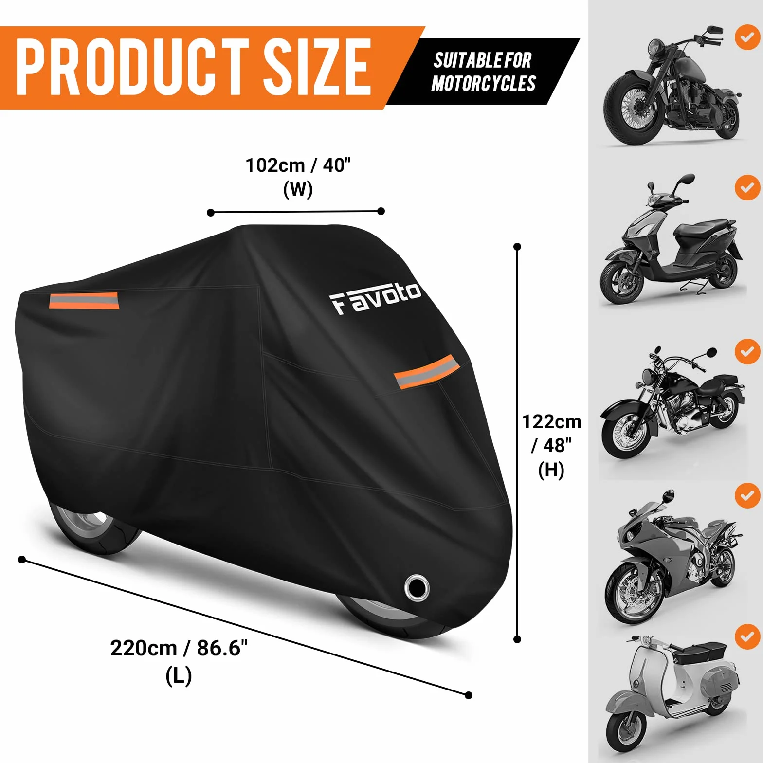 Favoto Pokrowiec na motocykl, wodoodporny, outdoorowy pokrowiec na motocykl, tkanina Oxford 210T, odporna na promieniowanie UV, zarysowania, żaroodporna, z paskiem odblaskowym, do skutera, motoroweru,